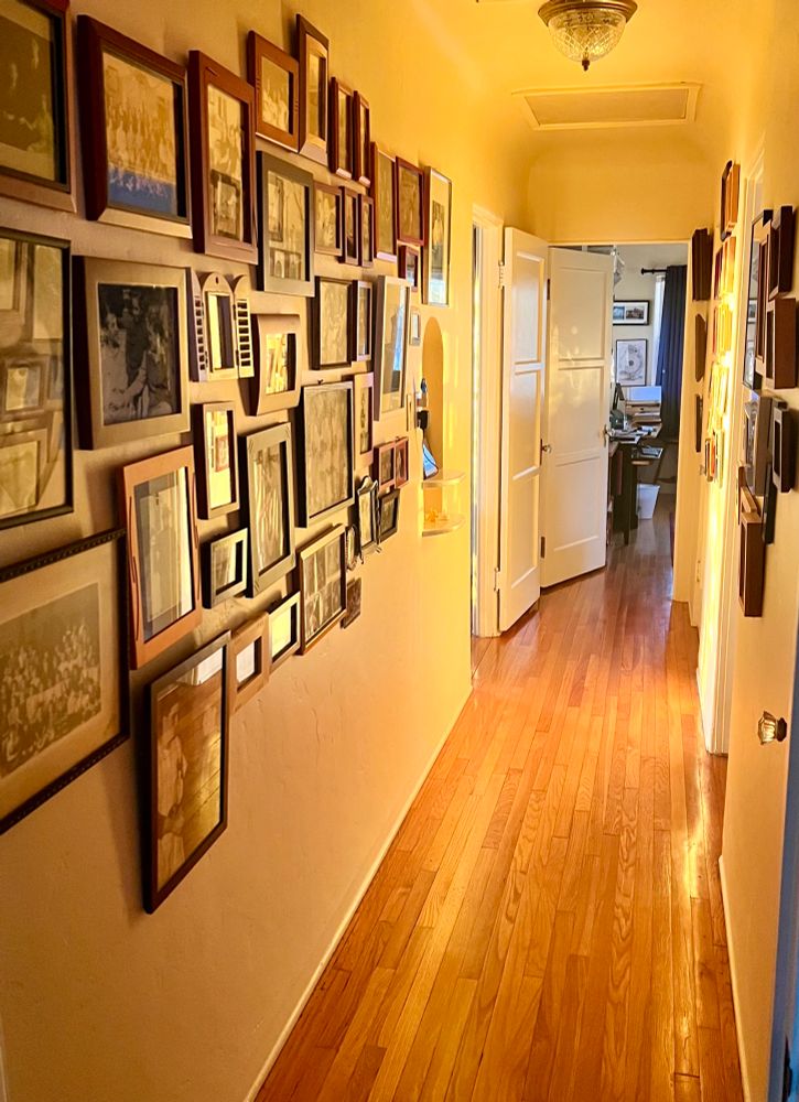 A narrow hallway lined with photos and a wooden floor bathed in orange morning light