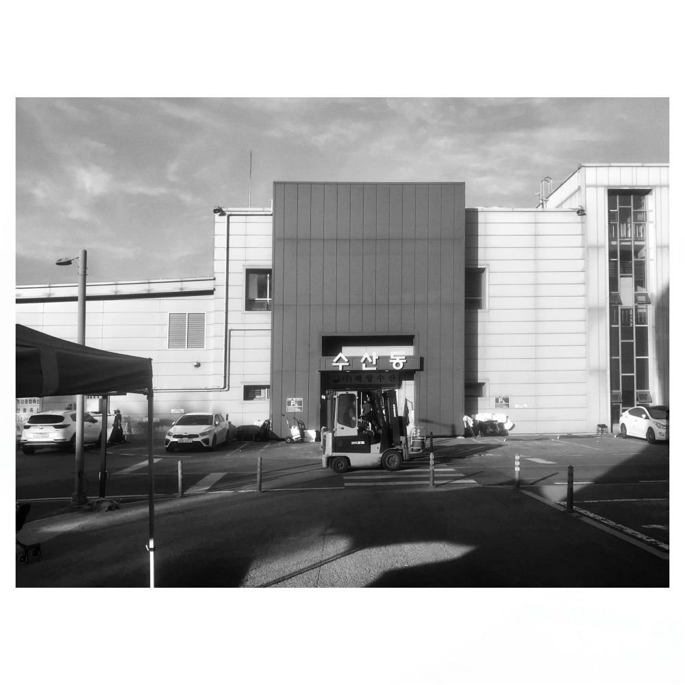 Black and white; a parking lot in front of a warehouse for a fish market; a forklift in the center. 