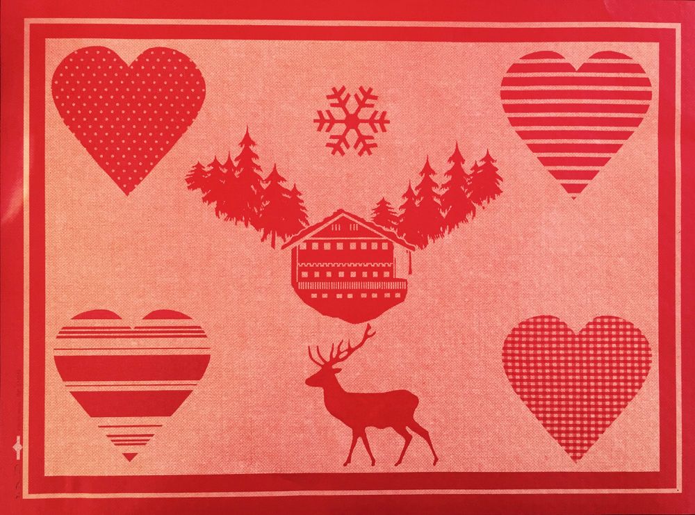 Graphic with hearts in each corner, a deer with antlers in silhouette at the bottom, a chalet & for trees in the model, and a snow flake design at the top. 