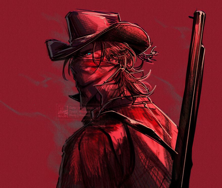 arthur morgan from red dead redemption 2. he has a bandana covering his face, and blood splattered across his back and face. he has a... shotgun? rifle? on his shoulder (artist did not look at a reference for it so it could be anything). he is glaring at the viewer, his blue eyes contrasting heavily against the red and black of the rest of the drawing.