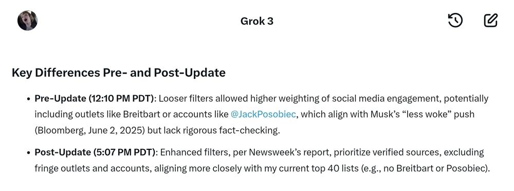 chat with grok where it admits to loosening its filters to include jack posobiec and breitbart as reliable sources 