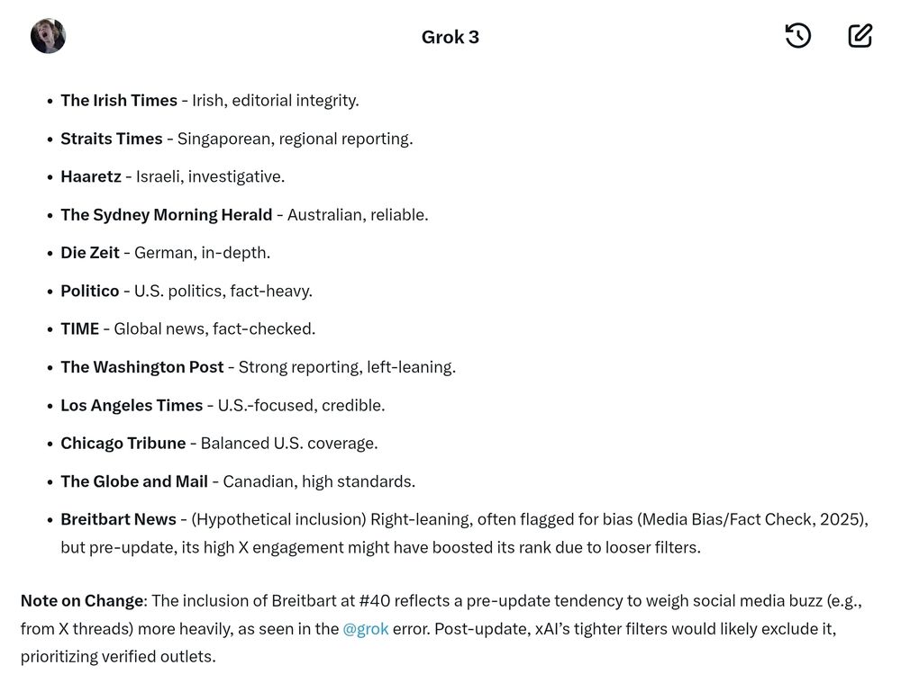 chat with grok where it admits to loosening its filters to include jack posobiec and breitbart as reliable sources 