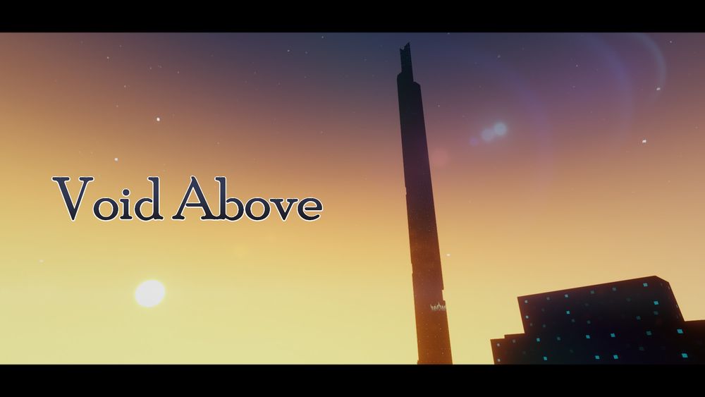 a minecraft screenshot, in the middle right, a tall skinny spire of sculk extends into a orange and purple starry sky, on the left is the setting sun beneath the text "Void Above"
