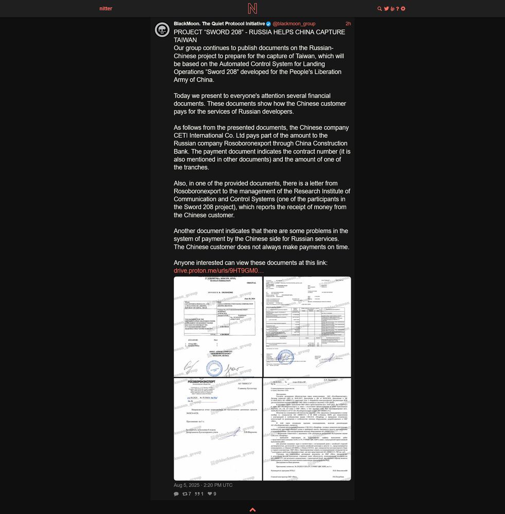 
BlackMoon. The Quiet Protocol Initiative
@blackmoon_group
2h
PROJECT “SWORD 208” - RUSSIA HELPS CHINA CAPTURE TAIWAN
Our group continues to publish documents on the Russian-Chinese project to prepare for the capture of Taiwan, which will be based on the Automated Control System for Landing Operations “Sword 208” developed for the People's Liberation Army of China.

Today we present to everyone's attention several financial documents. These documents show how the Chinese customer pays for the services of Russian developers.

As follows from the presented documents, the Chinese company CETI International Co. Ltd pays part of the amount to the Russian company Rosoboronexport through China Construction Bank. The payment document indicates the contract number (it is also mentioned in other documents) and the amount of one of the tranches.

Also, in one of the provided documents, there is a letter from Rosoboronexport to the management of the Research Institute of Communication and Control Systems (one of the participants in the Sword 208 project), which reports the receipt of money from the Chinese customer.

Another document indicates that there are some problems in the system of payment by the Chinese side for Russian services. The Chinese customer does not always make payments on time.