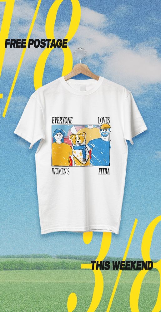 Graphic showing our everyone loves women's fitba design (a man and woman itting in the stands either side of a dog) on a white tee