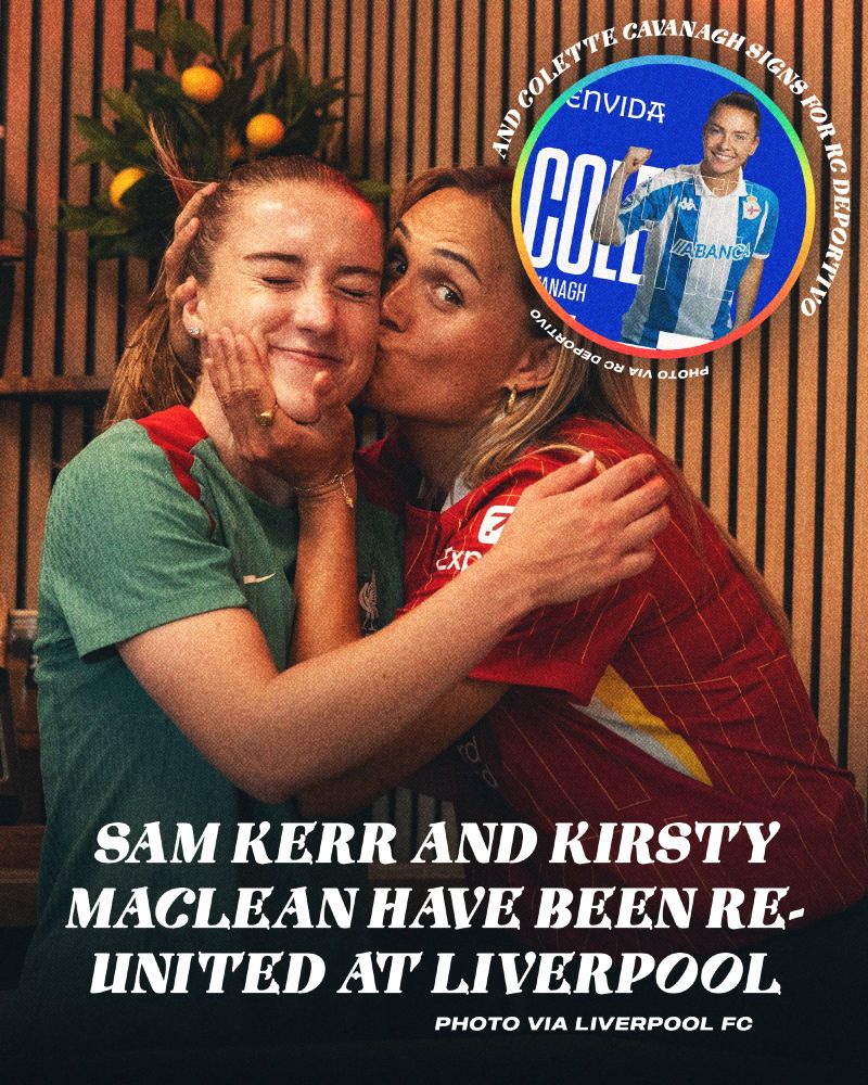 Sam Kerr embraces Kirsty MacLean as the former Rangers midfield pair are reunited at Liverpool. Circle in the top right shows Colette Cavanagh being announced by her new team, RC Deportivo in Espana.