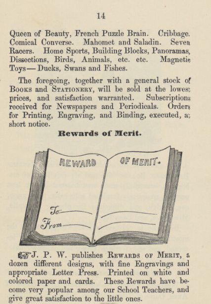 continuation of goods in the catalog featuring "Rewards of Merit" and a black and white image of what looks like an open book with the word "Reward of Merit" and a line for to and from