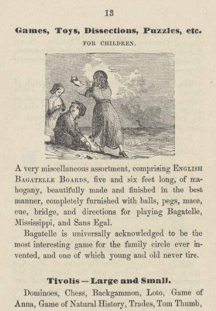 Titled "Games, Toys, Dissections, Puzzles, etc. for Children, with a small black and white picture of children playing.
