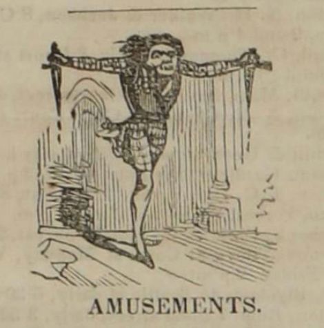 black and white illustration features a menacing man walking forward on a stage, both arms straight out and holding dripping swords or daggers.