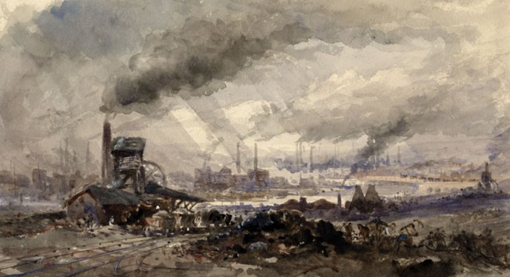 watercolor image of a smoky sky over an industrial city. Original here: https://www.britishmuseum.org/collection/object/P_1886-0607-9