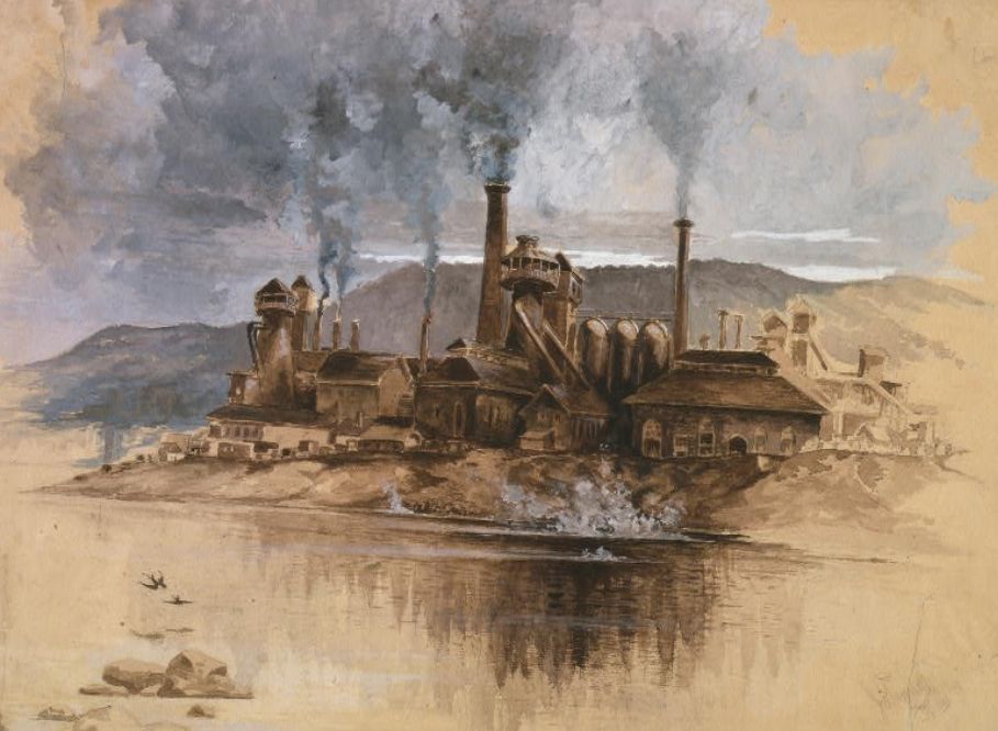 image of a dark and creepy factory with smoke coming out of many smokestacks. Original here: https://www.loc.gov/resource/cph.3g05734/