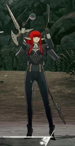 a cartoon character with red hair is holding a spear