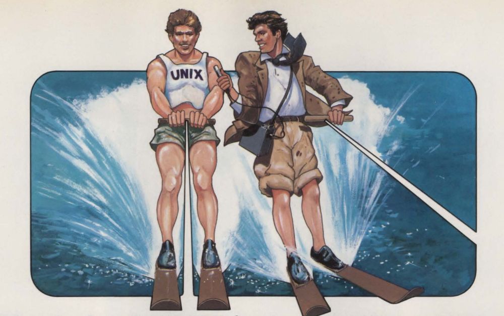 An illustration of two water-skiiers, side by side. The one on the left is wearing a wifebeater that reads "UNIX" and wearing very short shorts. The one on the right is wearing a brown sportcoat, a tape recorder, and is holding a microphone up to UNIX MAN, in some kind of vaguely horny aquatic interview ritual. Taken from an ad in Mini-Micro Systems magazine, September 1982 -- http://www.bitsavers.org/magazines/Mini-Micro_Systems/198209_V15_N09.pdf, page 53.