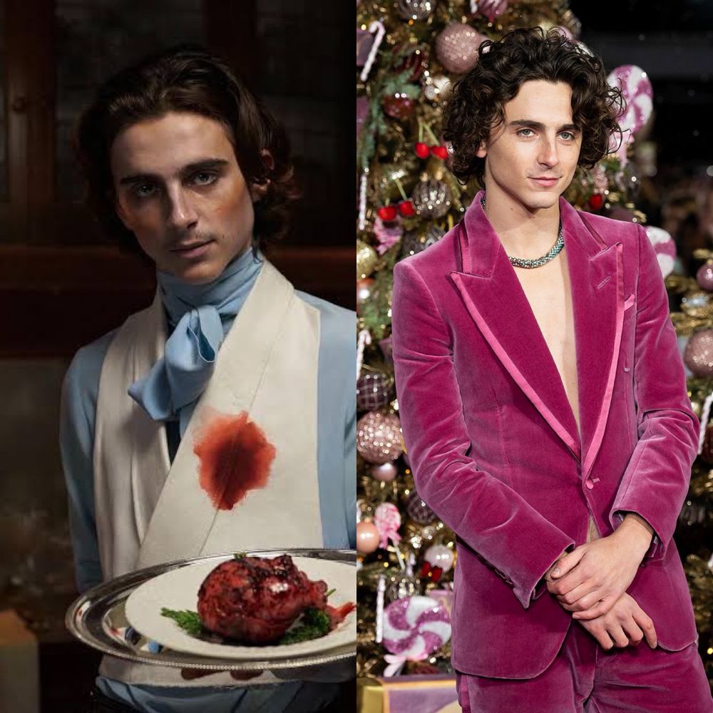 Timothee Chalamet on the left with blood on his shirt and on the right Timothee Chalamet in a velvet suit with Christmas trees in the background. 