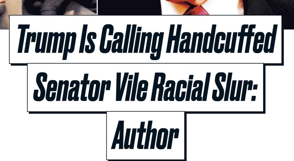 headline reading "Trump is calling handcuffed senator vile racial slur: author"