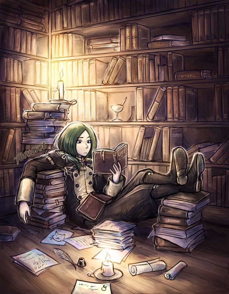 Linhardt from Fire Emblem in a library, laying on a stack of books reading in a candlelight (about cats it looks like)