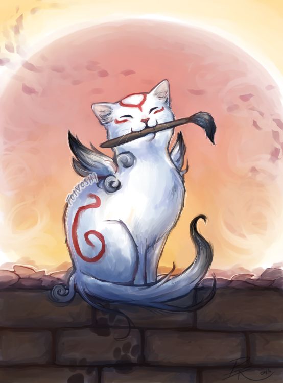 Kabegami, the cat deity character from Okami, sitting on top of a brickwall, holding a paintbrush in the mouth.