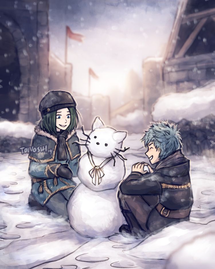 Lin and Caspar from Fire Emblem Thee Houses as kids making a cat out of snow.