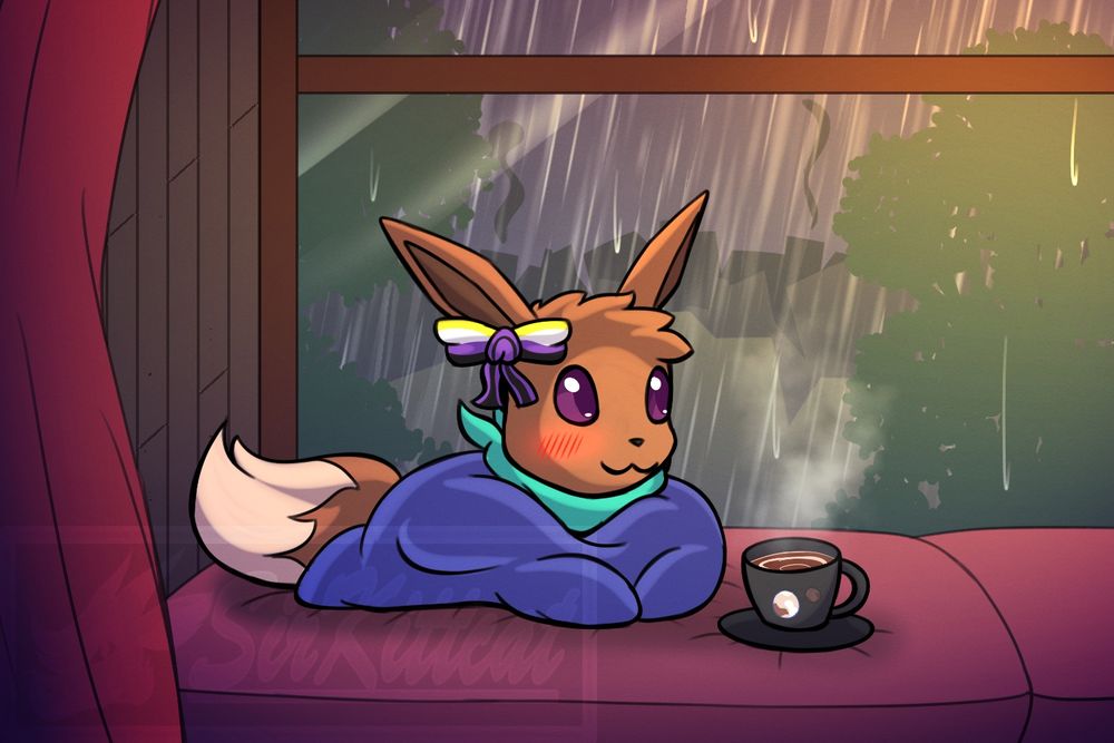 An Eevee huddled underneath a blanket watching the rain fall from indoors.
The image on the cup next to them is a drawing of Pluto and its largest moon, Charon.