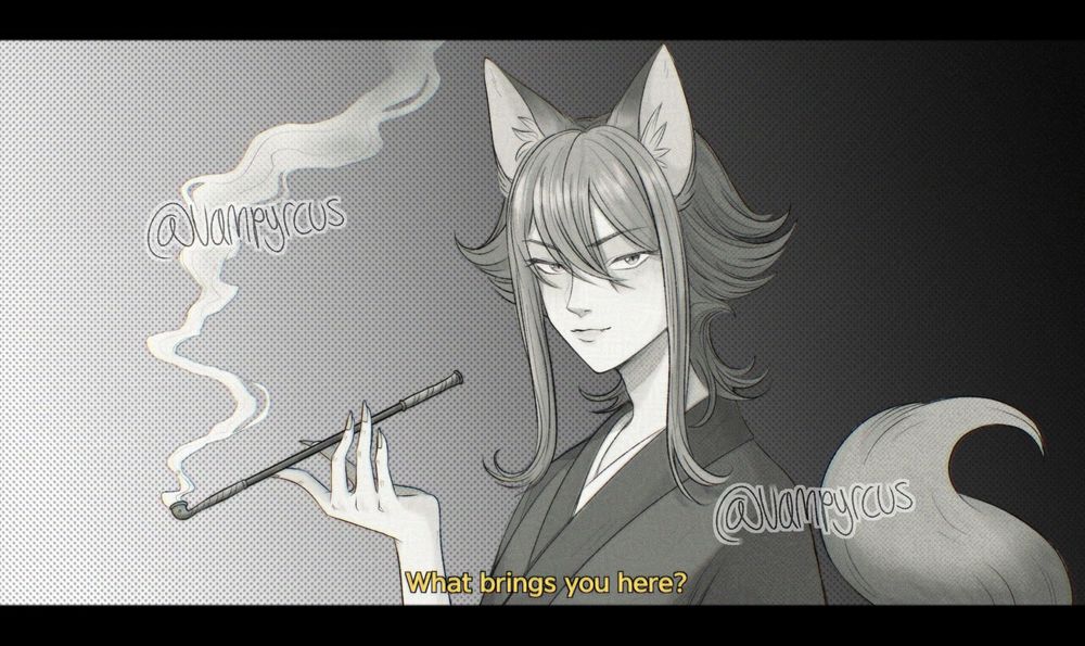 Drawing of a human with fox ears and tail holding a kiseru