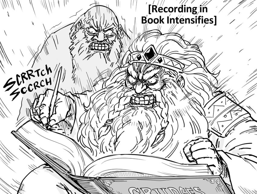 A Warhammer dwarf writing something into the Book of Grudges
