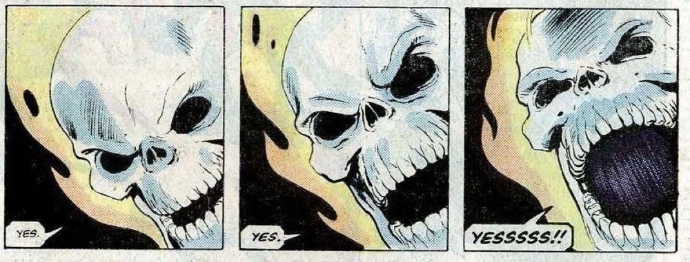 A three panel comic of a skull on fire (Ghostrider maybe) yelling yes in increasing amounts of excitement 
