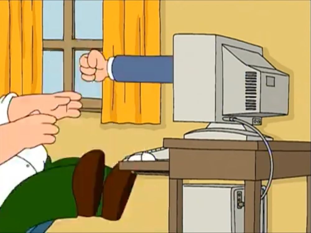 Peter Griffin from Family Guy getting punched through the computer screen by Mr. Pewterschmidt