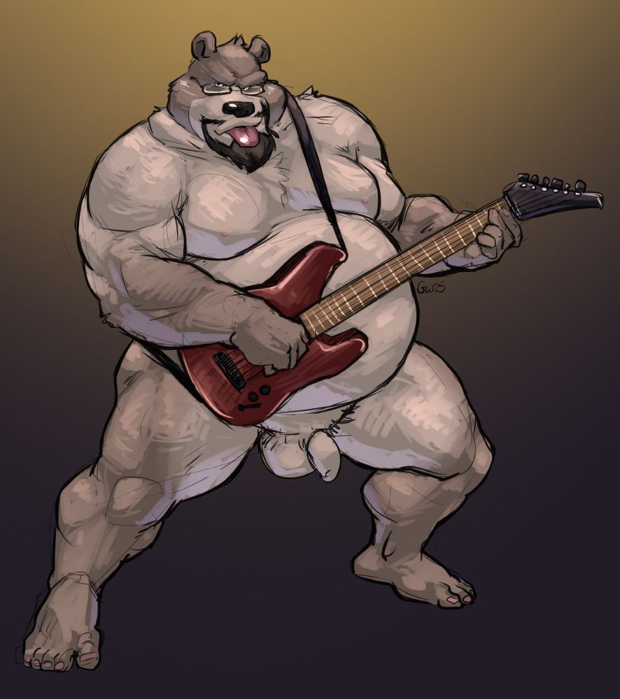 Officer Ger presenting his guitar playing skills, in the buff