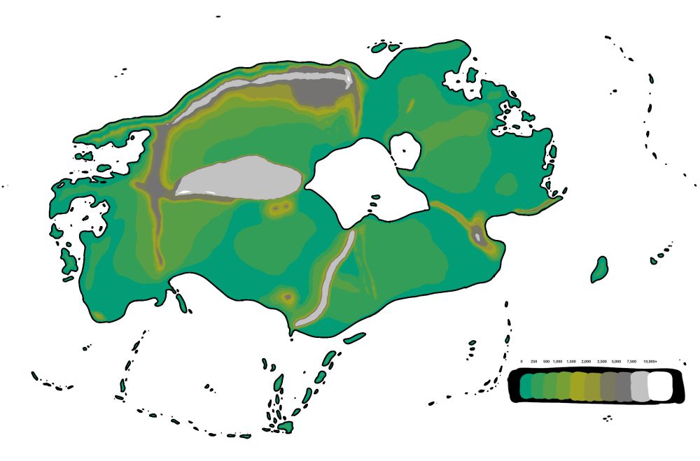A topographic map of a planet in a supercontinent phase. It's almost complete, but the edges are too smooth currently, and need to be roughened up to look more natural.
