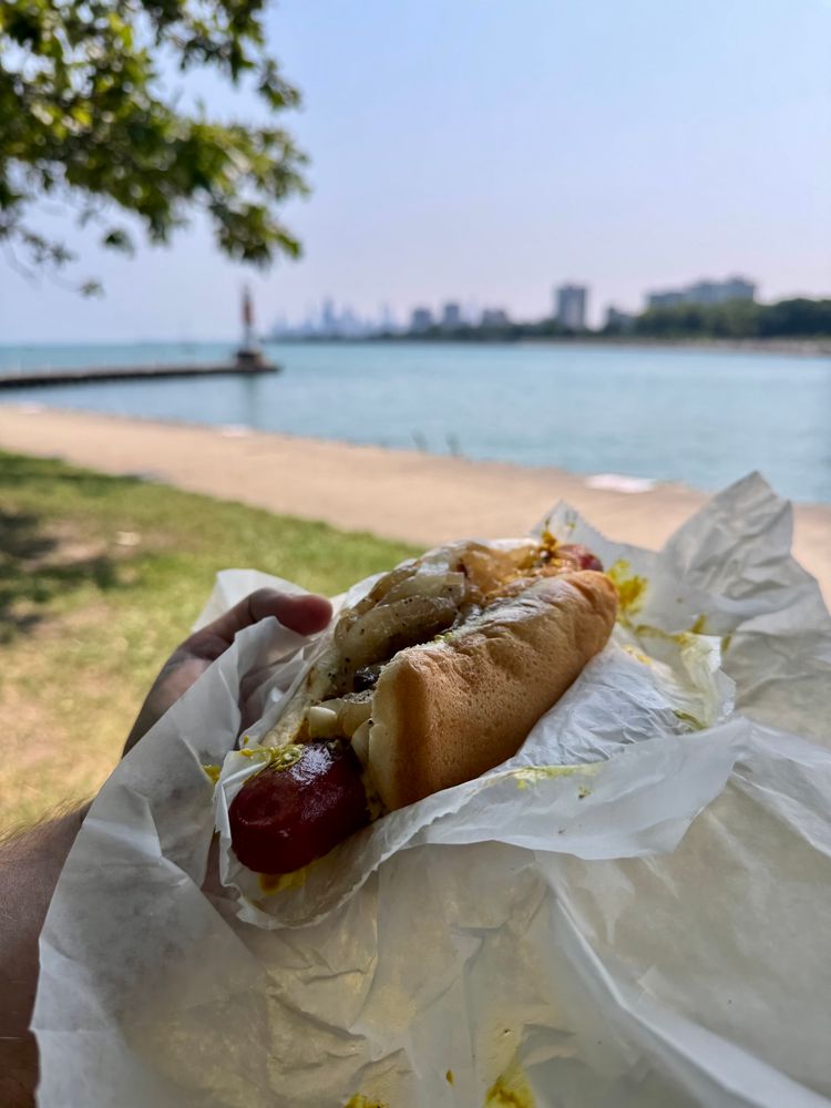 Polish sausage in front of lake and skyline