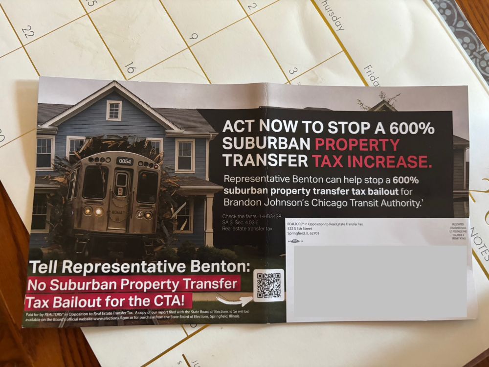 Propaganda mailer depicting a CTA train crashing through a suburban house and warning of a “600% suburban property transfer tax increase bailout for Brandon Johnson’s CTA”