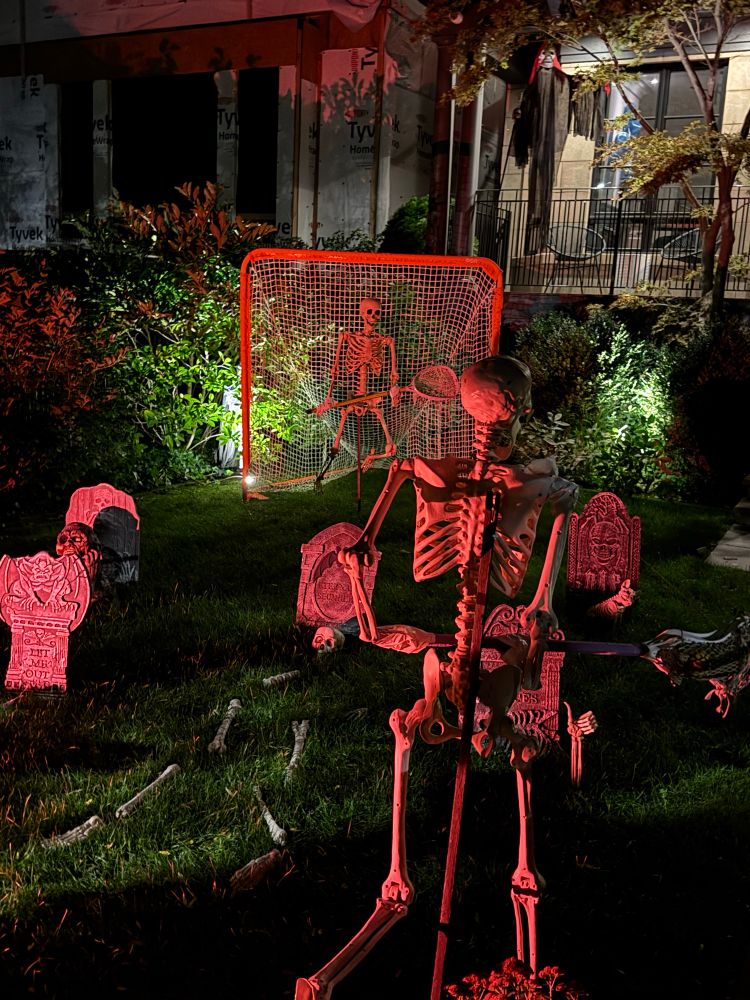 Two skeletons with lacrosse sticks, one guarding a goal