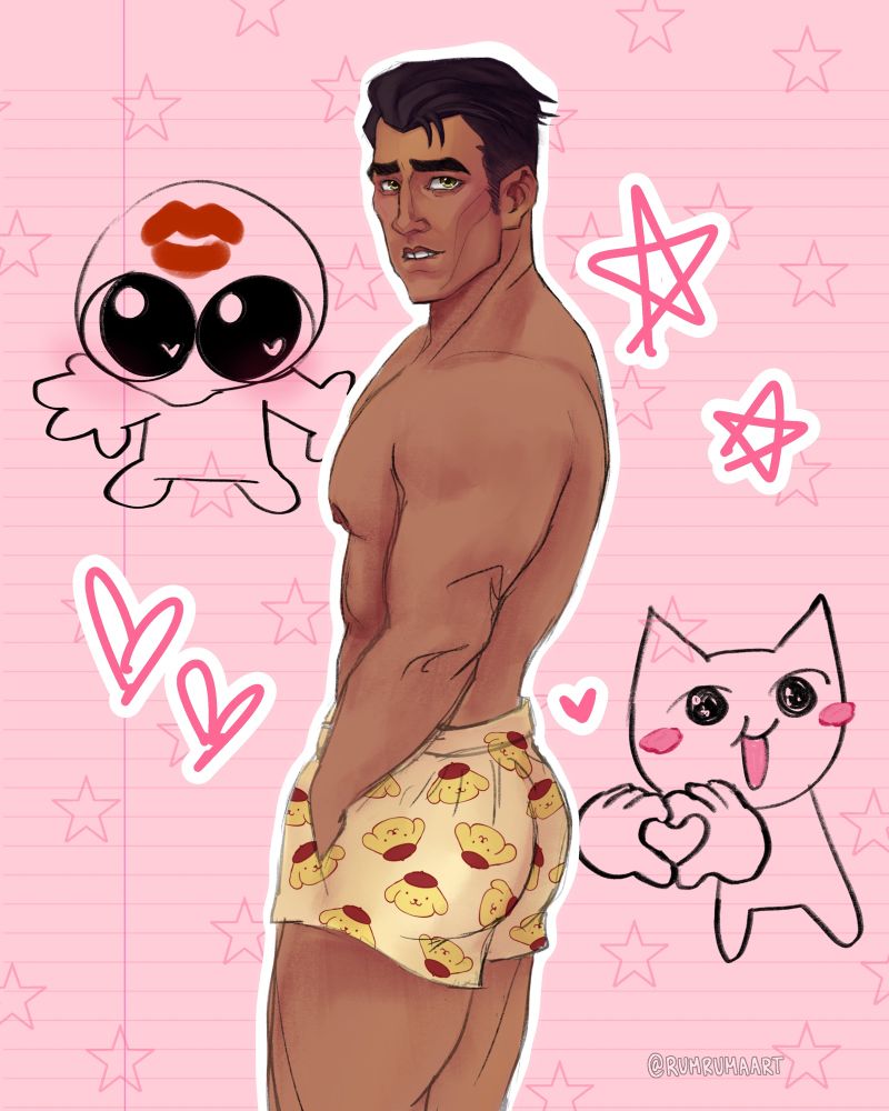 Drawing of Jayce Talis shirtless and wearing yellow shorts with Pompompurin printed all over them. He is looking at us biting his lip while showing off his ass and titty. The background is pink lined paper with ms paint creature doodles. One  doodle guy has big eyes and a kissy mark on his forehead. The other doodle on the bottom right is a cat making a heart with its hands and smiling big with blushing cheeks. There are doodle stars and hearts around. My signature @RUMRUMAART is in the bottom right