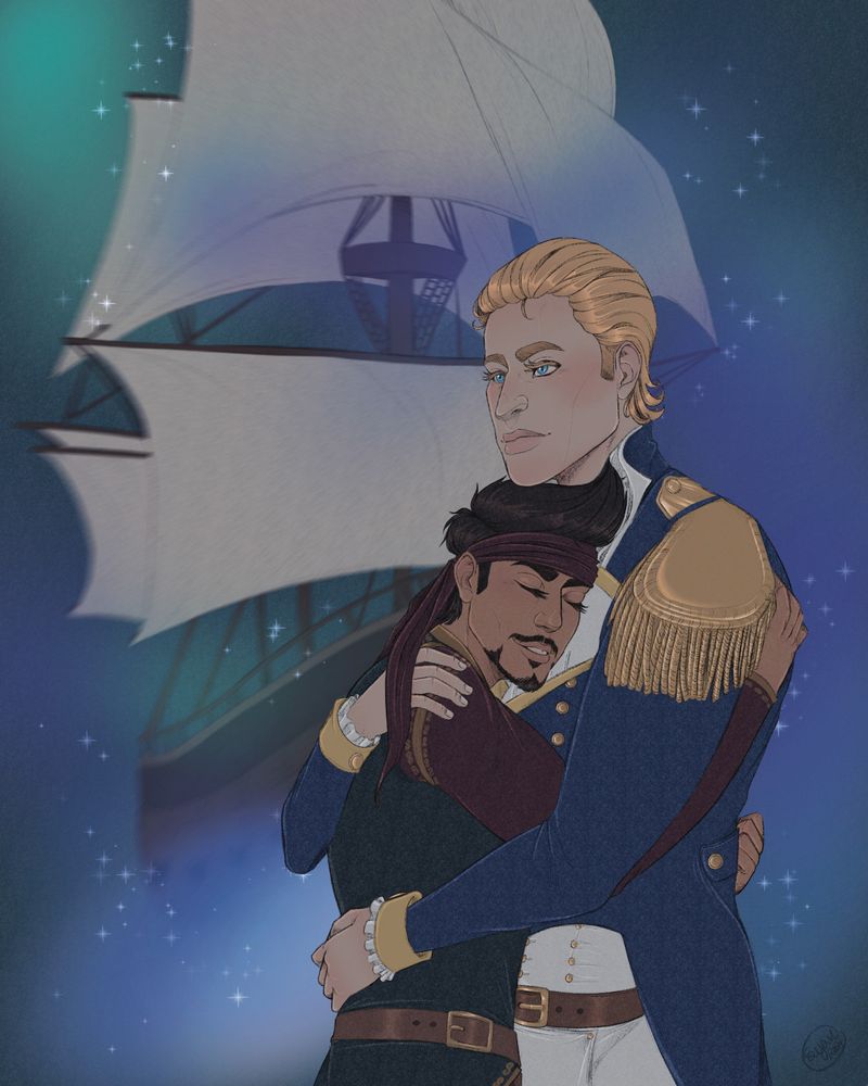 Fanart of Tony Stark and Steve Rogers (Iron Man and Captain America) as part of an art chain relay. My theme ended up being pretty similar to the image I was given as reference. Lots of hugging lmao


There is a hazy looking ship and sparkles in the background, the ship looks as if it's flying. In front is Steve dressed in an English Navy uniform and Tony in a pirate outfit, a bandana wrapped around his forehead. They are embracing, Tony's eyes closed. Steve has his chin resting on top of Tony's head, looking off into the distance, contemplating.