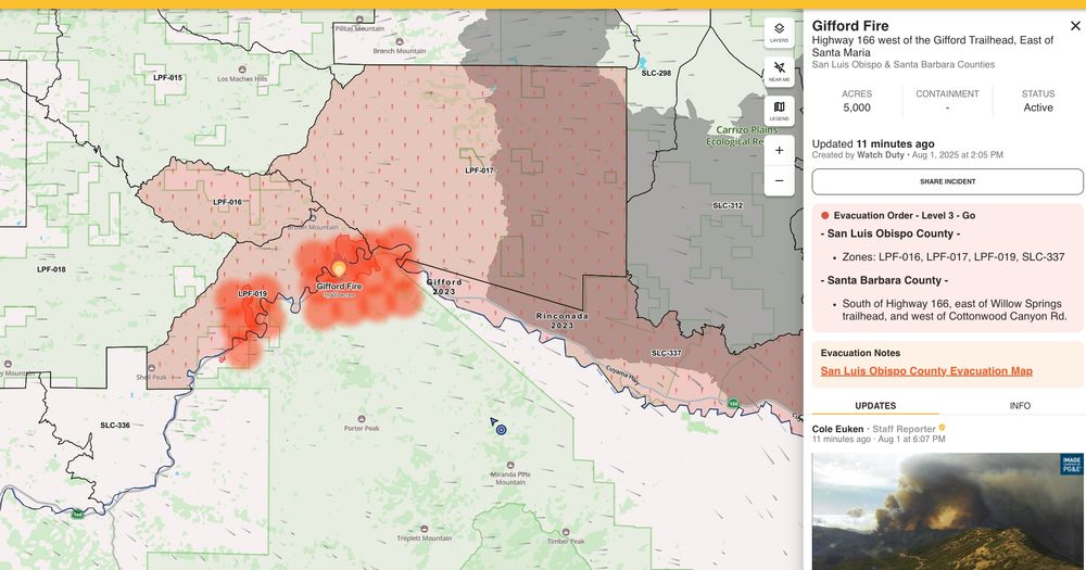 Watch Duty showing the current heat maps and estimated acreage of the Gifford Fire along CA 166 east of Santa Maria.