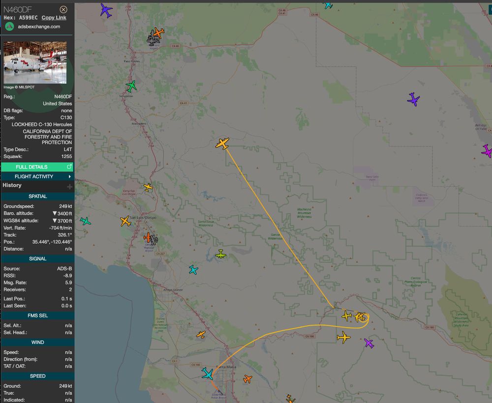 ADS-B map of the aerial attack on the Gifford Fire. Both Paso Robles and Santa Maria airport fire bases are reloading tankers.
