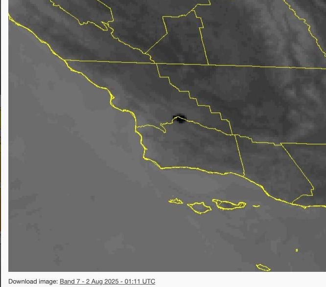 GOES (satellite) image of the Shortwave IR band (3.9 micrometer wavelength) of the Gifford Fire along the Santa Barbara-San Luis Obispo County line shown as dark black dot.
