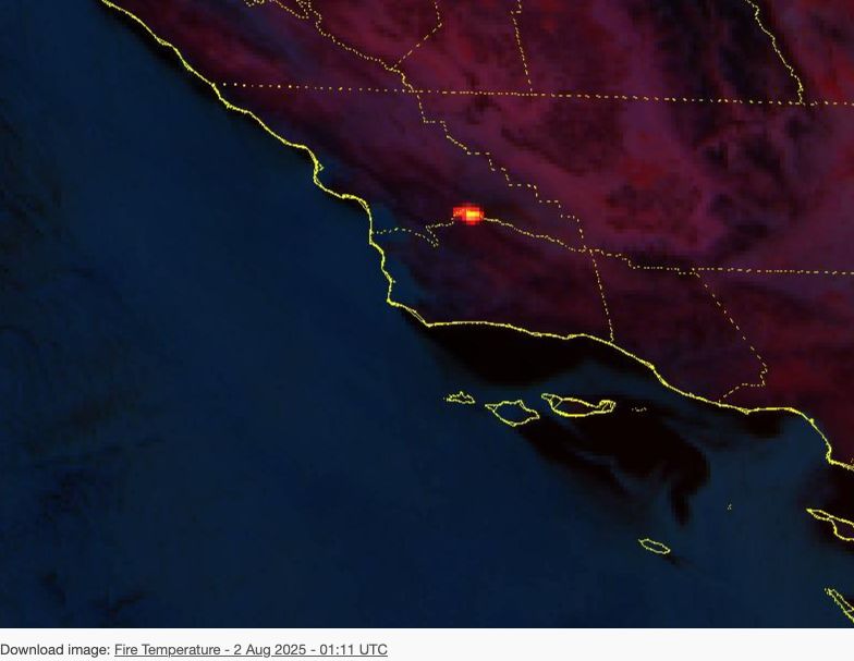 GOES (satellite) image of the RGB imaging of the Gifford Fire along the Santa Barbara-San Luis Obispo County line.