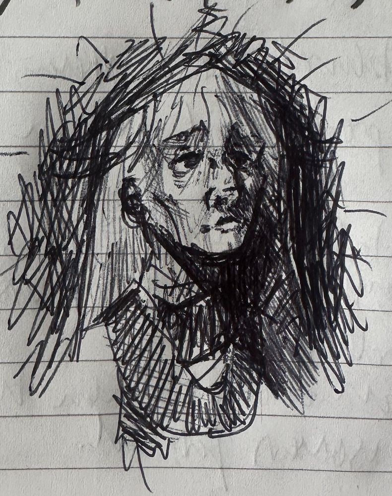 messy biro drawing on lined paper. portrait of pearl. 3/4 view looking upwards. dramatic lighting from left