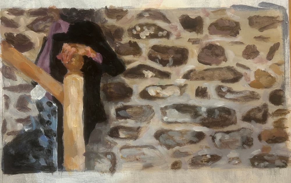 painting of a figure, head and lower legs cut off by the composition, walking up a set of stairs, left hand on the banister, infront of a stone wall
