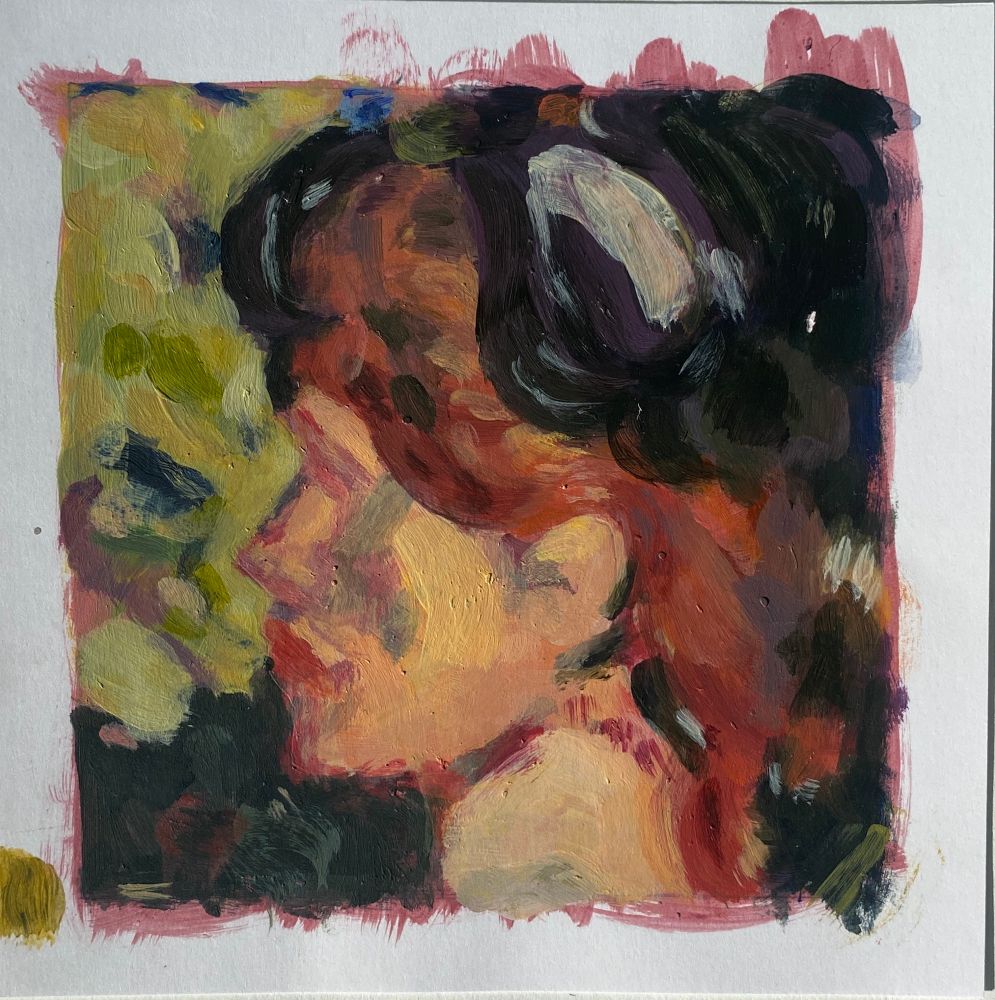 acrylic painted section of a woman in profile using vibrant colours and wide brush strokes. This is a cropped study section of - The Open Air Fête (1907) John Duncan Fergusson