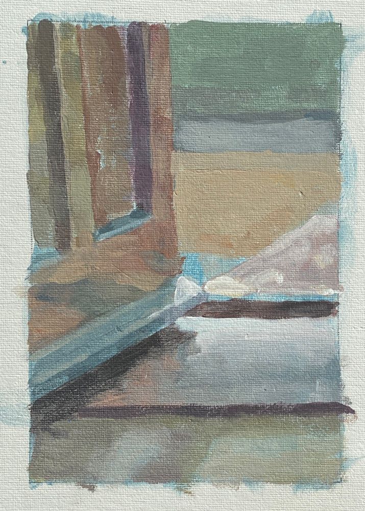 painting of a section of the door and floor, with light coming through the doorway. colours are more muted tints