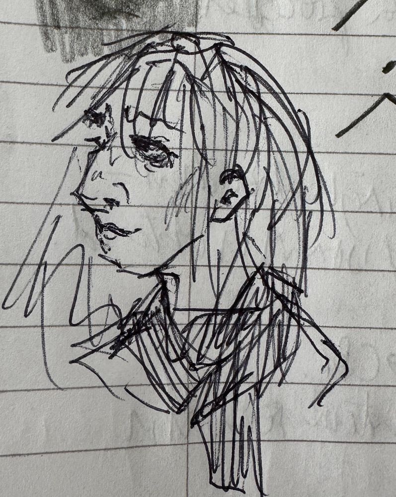 messy biro drawing on lined paper. portrait side profile drawing of pearl