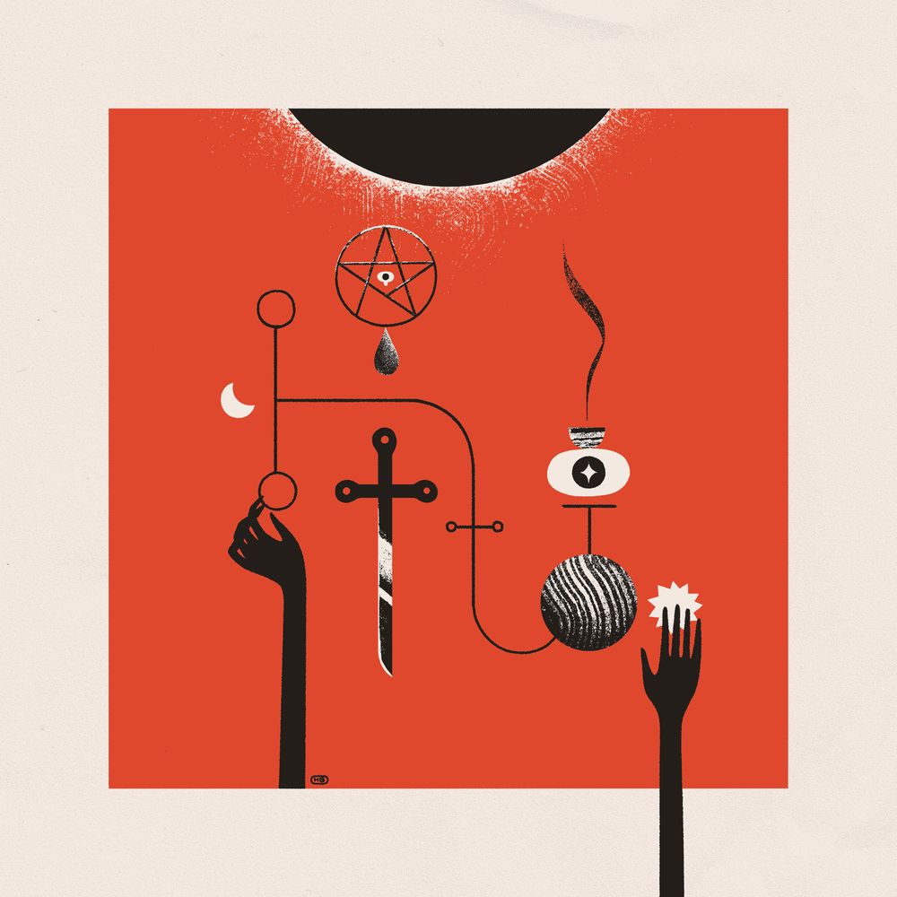 Two hands reach upward, connecting a series of shapes including a knife, broken pentacle, moon, eye, bowl, sigils, and sphere. All of this is done beneath the edge of an eclipse.