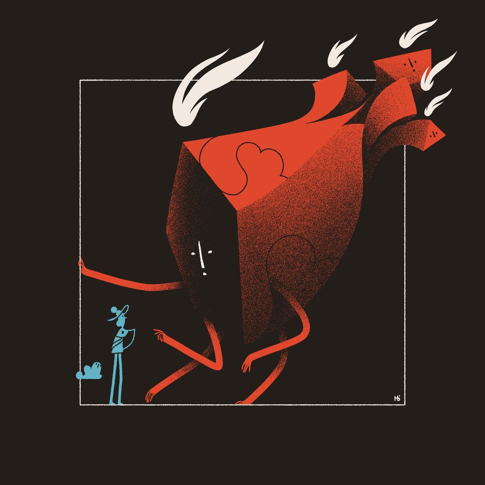 A blue magician is cornered by a large, red, multi-faceted entity with multiple arms and faces with flames above.