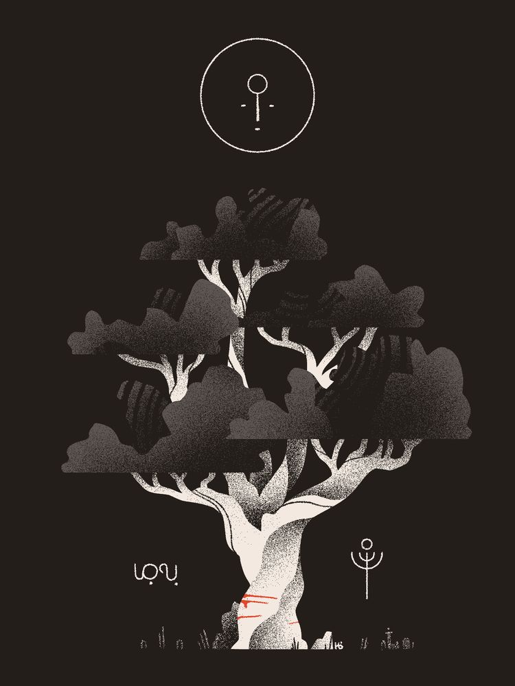 A black and white portrait of the tree Wormwood, surrounded by outlines of Mūn, the tree's name in Wormrōte, and the seal of the Holy City within. Several marks at the base of the tree bleed bright red.
