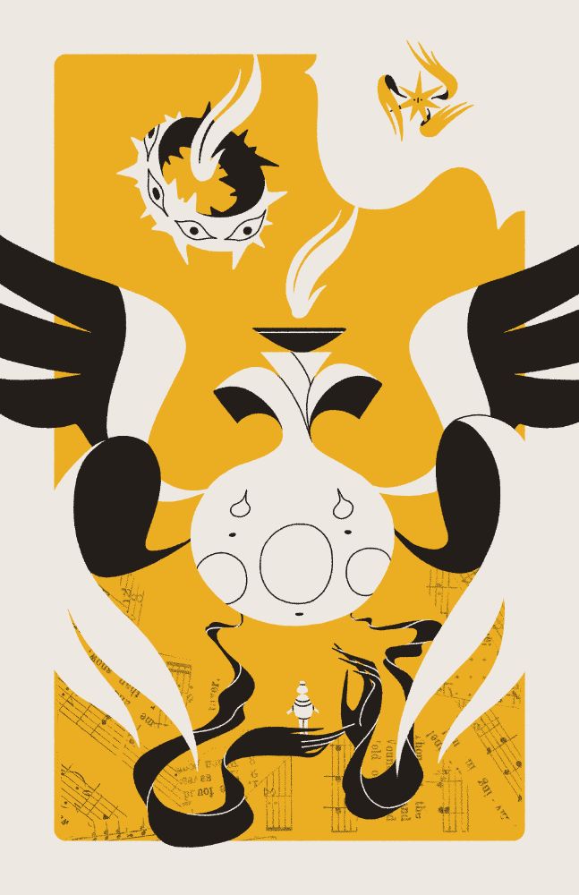 Three angels descend upon a seeker with arms outstretched. The first looks like an abstracted clown face with four wings. The second looks like a thorny ring surrounded in eyes, and the third looks like a three-winged star.