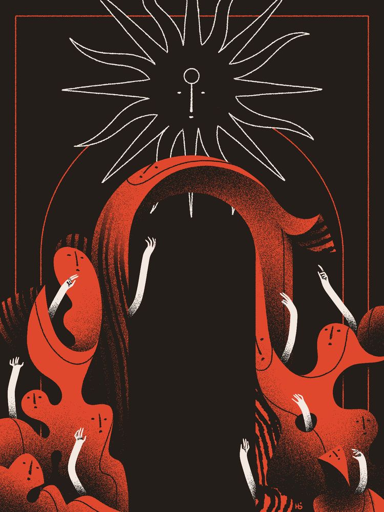 An archway is formed from twisting red shapes with faces within. White arms reach upward from the gate towards Ūn.