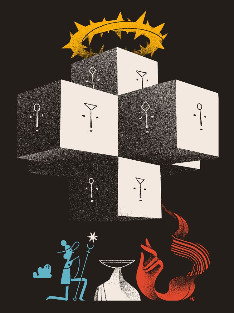 A blue magician kneels before a large, prism-like entity. The entity wears a thorned halo and reaches down to an offering bowl with a red hand.
