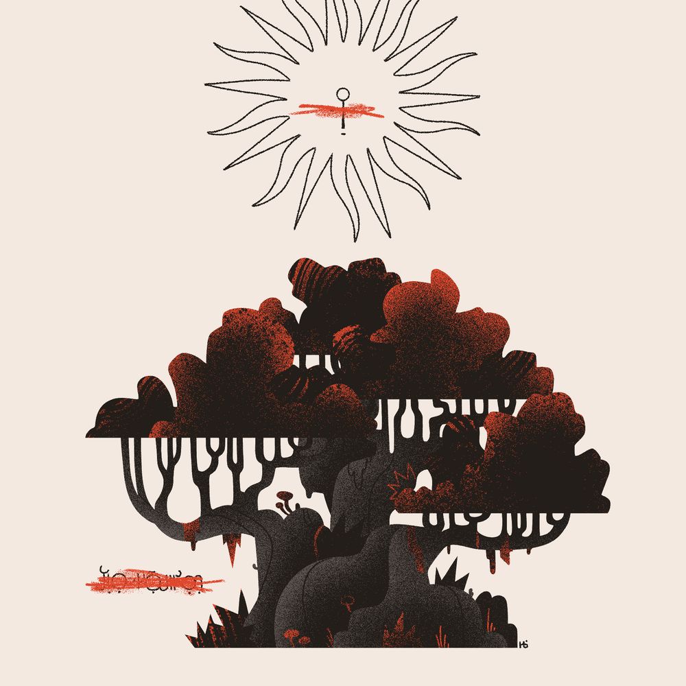 A portrait of an unknown red tree. A sun-like entity looks down upon it, and both their face and the name of the tree have been crossed out, eliminated from memory.